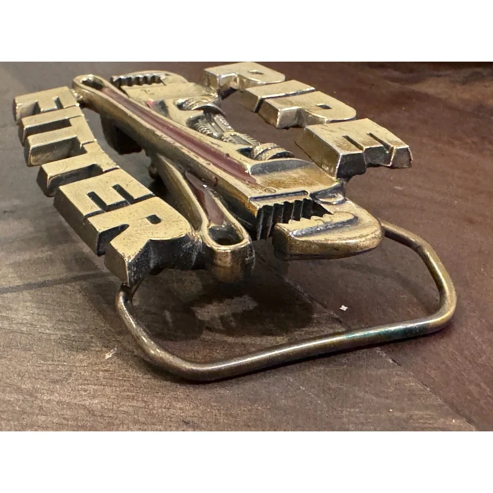 Vintage Pipefitter‎ 1990 Belt Buckle Gold tone Red Embellishment Tools